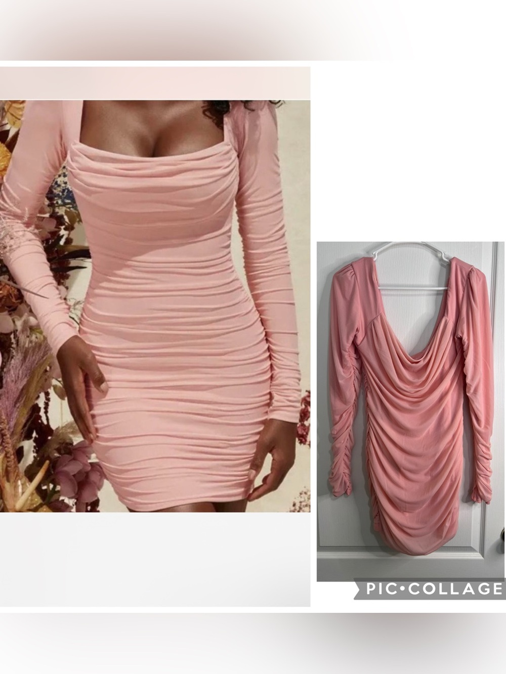 Oh Polly Pink Ruched Long-Sleeve Bodycon Dress size 12